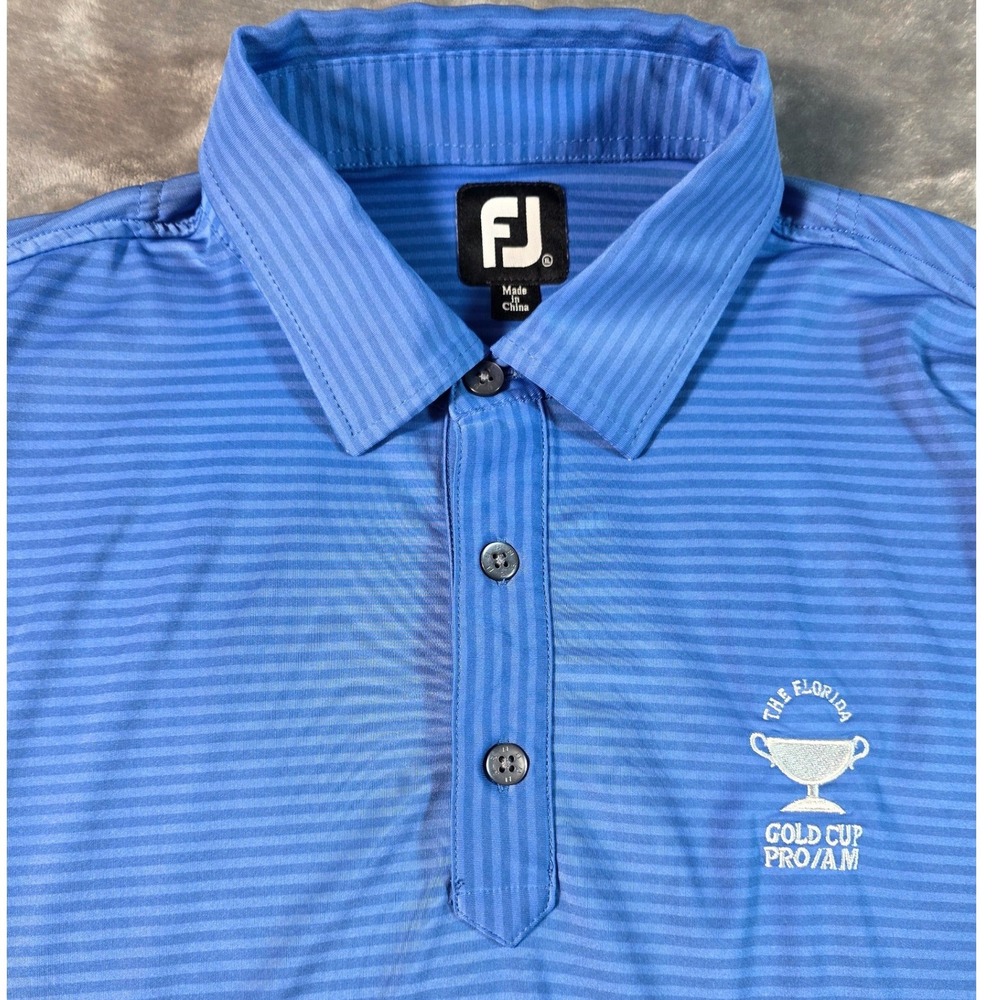 FootJoy Polo Shirt Mens XL Blue Striped Florida Gold Cup Pro/Am Golf Performance